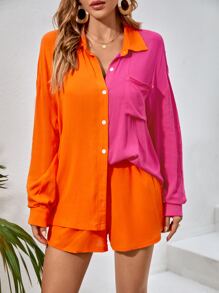 SHEIN Unity Two Tone Patched Pocket Drop Shoulder Shirt & Shorts - Multicolor - View 5
