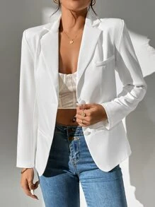 SHEIN PETITE Solid Lapel Neck Blazer - White - View 1