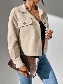 SHEIN PETITE Flap Pocket Drop Shoulder Jacket - Apricot - View 5