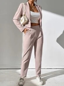 SHEIN PETITE Single Button Blazer & Fold Pleated Trousers - Pink - View 5