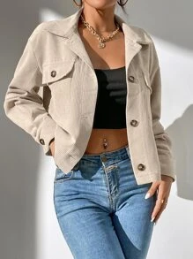 SHEIN PETITE Flap Pocket Drop Shoulder Jacket - Apricot - View 6