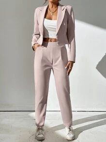 SHEIN PETITE Single Button Blazer & Fold Pleated Trousers - Pink - View 1