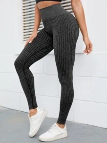 Easithlete 瑜伽褲襪無縫高彈力羅紋針織寬腰帶運動打底褲 - 深灰色 - 查看 4