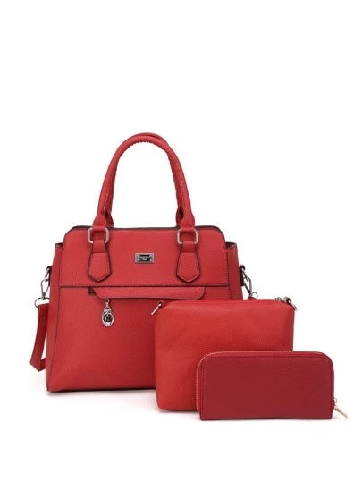 3本入り ライチ模様エンボス 金属詳細 トップス ハンドルバッグセットの画像