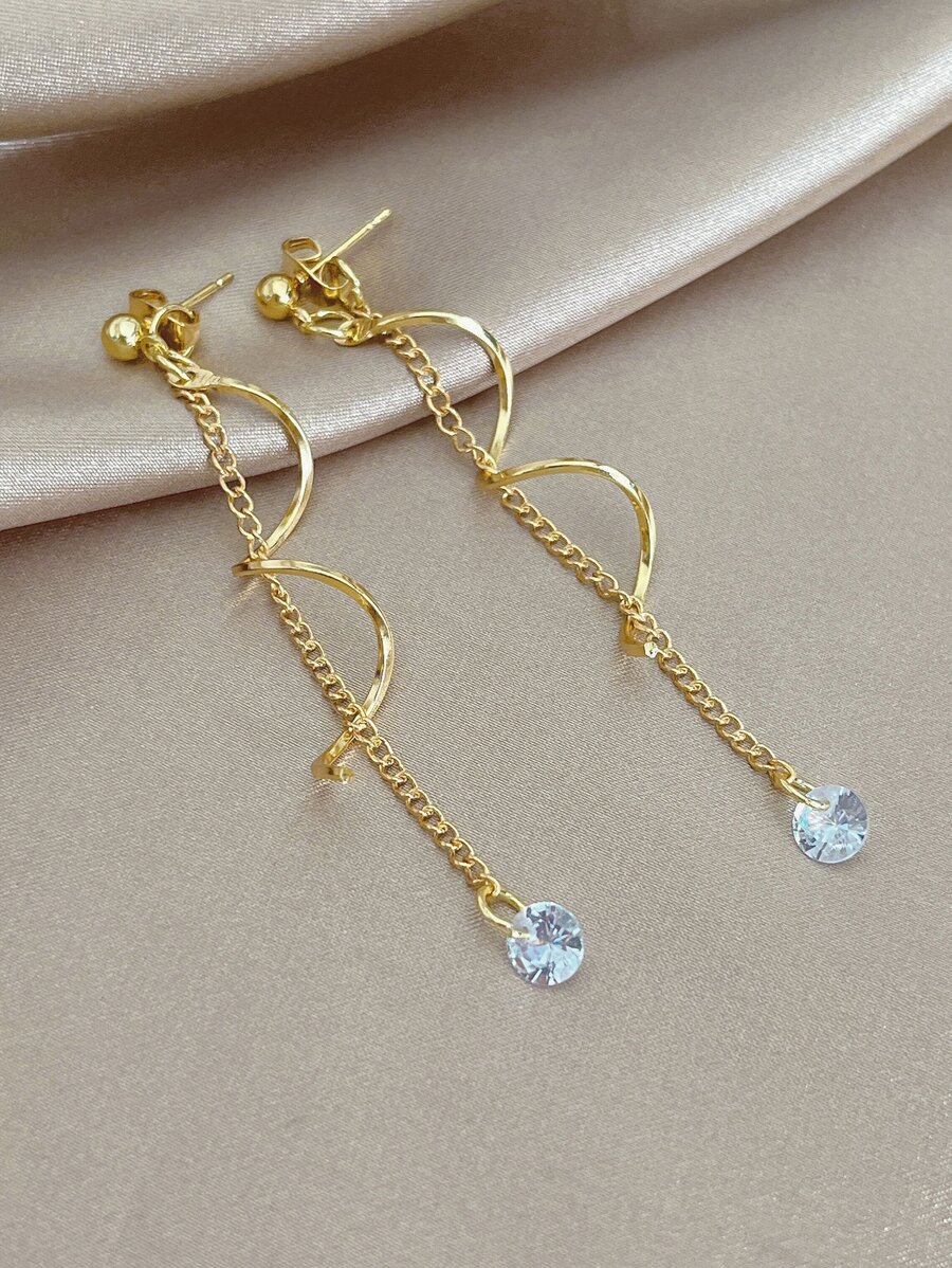 Bông tai thả xoắn ốc & rhinestone - Vàng - Xem 1