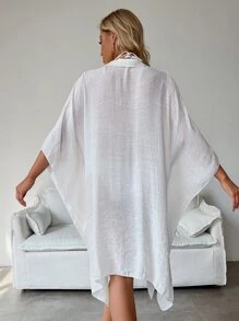 SHEIN Swim Summer Beach Batwing Sleeve Button Front Kimono - White - View 2