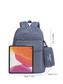 字母貼花裝飾防水功能背包帶零錢包書包適合研究生、青少年女孩、新生、大二、初中和高中學生、大學和高中，非常適合戶外、旅行和返校 - 藍色 - 查看 3