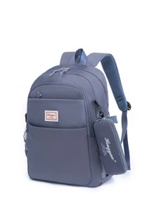 字母貼花裝飾防水功能背包帶零錢包書包適合研究生、青少年女孩、新生、大二、初中和高中學生、大學和高中，非常適合戶外、旅行和返校 - 藍色 - 查看 5