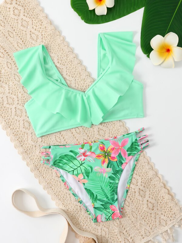 SHEIN Kids HYPEME Girls Random Floral Print Ruffle Trim Cut Out Side