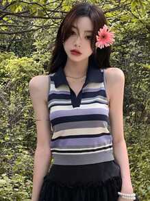 條紋圖案Polo領毛衣背心 - 彩色 - 查看 1