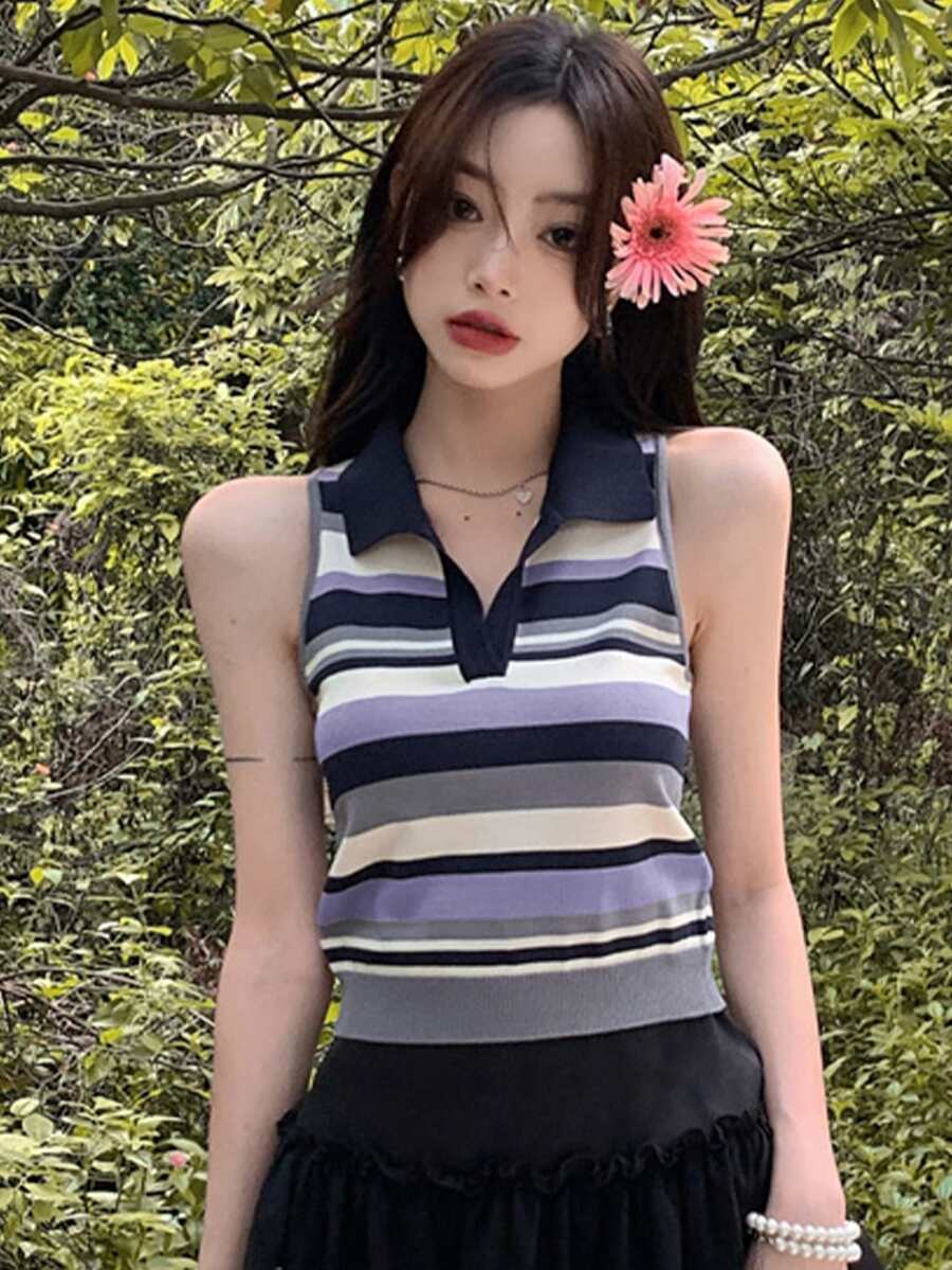 條紋圖案Polo領毛衣背心 - 彩色 - 查看 1