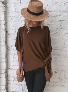 EMERY ROSE Áo sơ mi nữ Thắt nơ trước màu trơn Giải trí - màu nâu - Xem 4