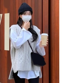 DAZY 分割式高低鉆石針織毛衣背心(不含內搭t恤) - 灰色 - 查看 2