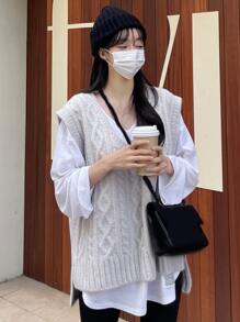 DAZY 分割式高低鉆石針織毛衣背心(不含內搭t恤) - 灰色 - 查看 3