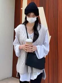 DAZY 分割式高低鉆石針織毛衣背心(不含內搭t恤) - 灰色 - 查看 4