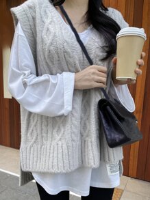 DAZY 分割式高低鉆石針織毛衣背心(不含內搭t恤) - 灰色 - 查看 6