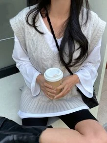 DAZY 分割式高低鉆石針織毛衣背心(不含內搭t恤) - 灰色 - 查看 8