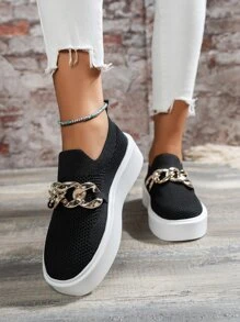 Chain Decor Slip On Shoes - Black - View 2