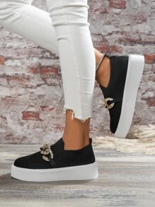 Chain Decor Slip On Shoes - Black - View 4