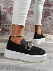 Chain Decor Slip On Shoes - Black - View 5