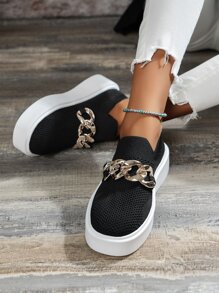 Chain Decor Slip On Shoes - Black - View 6