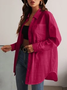 SHEIN Essnce Pocket Patched Button Front Drop Shoulder Shirt - Hot Pink - View 1