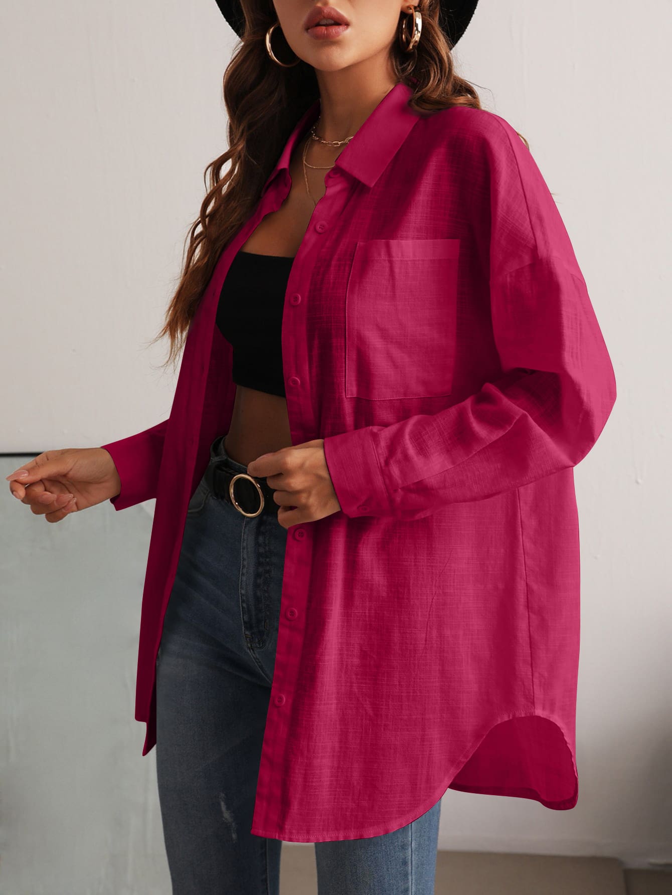 SHEIN Essnce Pocket Patched Button Front Drop Shoulder Shirt - Hot Pink - View 1