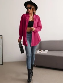 SHEIN Essnce Pocket Patched Button Front Drop Shoulder Shirt - Hot Pink - View 5
