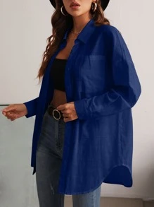 SHEIN Essnce Pocket Patched Button Front Drop Shoulder Shirt - Royal Blue - View 1