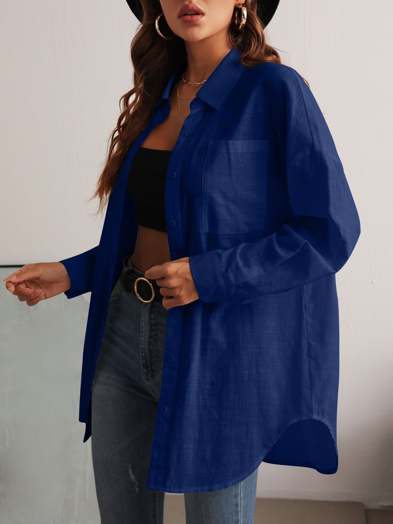SHEIN Essnce Pocket Patched Button Front Drop Shoulder Shirt - Royal Blue - View 1