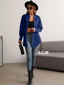 SHEIN Essnce Pocket Patched Button Front Drop Shoulder Shirt - Royal Blue - View 5