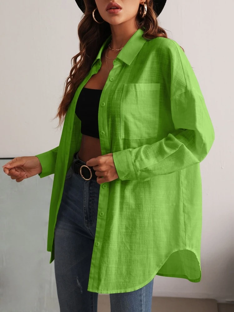 SHEIN Essnce Blusa con parche de bolsillo con botón delantero de hombros caídos - Verde - Añade 1
