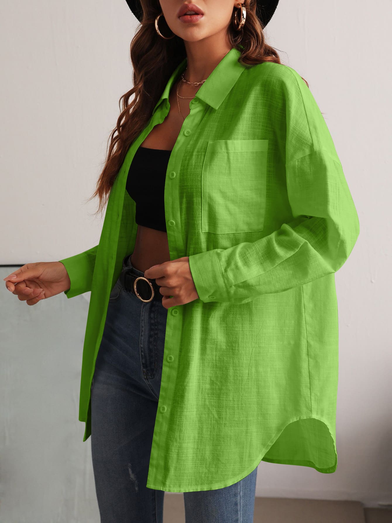 SHEIN Essnce Pocket Patched Button Front Drop Shoulder Shirt - Green - View 1