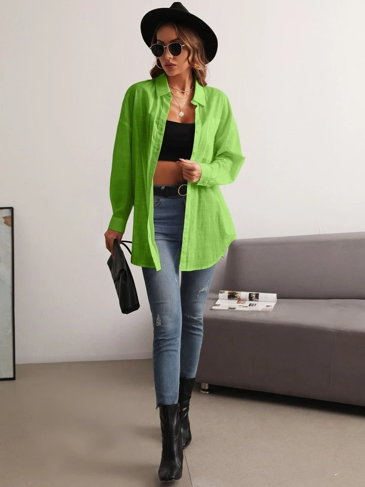SHEIN Essnce Blusa con parche de bolsillo con botón delantero de hombros caídos - Verde - Añade 5