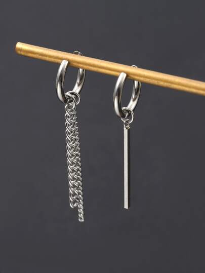Fashionable and Popular Men Chain & Rectangle Mismatched Drop Earrings Stainless Steel Punk Hip Pop Style for Jewelry Gift and for a Stylish Look