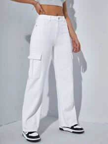 SHEIN EZwear Flap Pocket Side Cargo Jeans - White - View 1