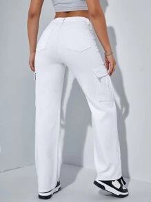 SHEIN EZwear Flap Pocket Side Cargo Jeans - White - View 2
