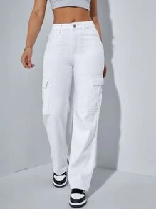SHEIN EZwear Flap Pocket Side Cargo Jeans - White - View 6