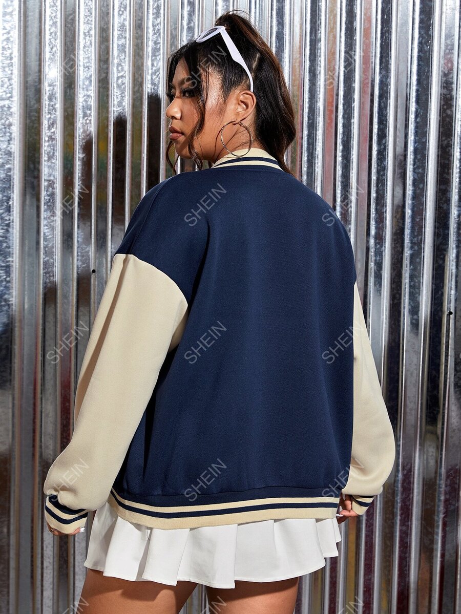 SHEIN EZwear Plus Letter Patched Colourblock Drop Shoulder Varsity