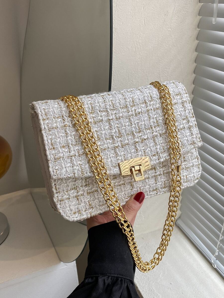 Lightweight, Portable Casual, Fashion Plaid Pattern Flap Chain Tweed Square Bag, Daily commuting, travel, vacation, street shopping, color-block flip, buckle, metal chain, fabric color-block check, metal chain For Girls, Women, College Students, Rookies & White-collar Workers For Fall, Winter Essential, For Work, Office, Commute, College, For Autumn & Winter, Outdoors - Multicolor - View 1