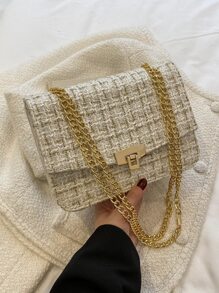 Lightweight, Portable Casual, Fashion Plaid Pattern Flap Chain Tweed Square Bag, Daily commuting, travel, vacation, street shopping, color-block flip, buckle, metal chain, fabric color-block check, metal chain For Girls, Women, College Students, Rookies & White-collar Workers For Fall, Winter Essential, For Work, Office, Commute, College, For Autumn & Winter, Outdoors - Multicolor - View 6