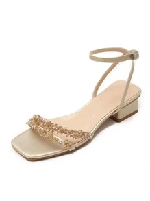 Party Golden Einfarbig Frauen Perle Dekor, klobigem Absatz, Sandalen mit Knöchelriemen, Fashion Sommer Sandalen