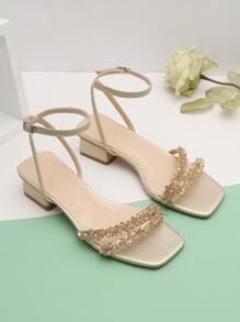 Party Golden Einfarbig Frauen Perle Dekor, klobigem Absatz, Sandalen mit Knöchelriemen, Fashion Sommer Sandalen