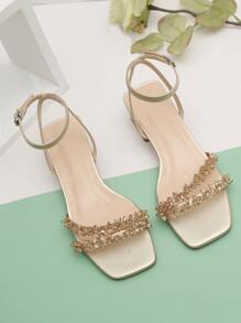 Party Golden Einfarbig Frauen Perle Dekor, klobigem Absatz, Sandalen mit Knöchelriemen, Fashion Sommer Sandalen