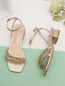 Party Golden Einfarbig Frauen Perle Dekor, klobigem Absatz, Sandalen mit Knöchelriemen, Fashion Sommer Sandalen