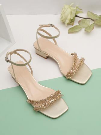 派對金色素色女士珠子裝飾粗跟踝帶平底涼鞋,時尚夏天高跟涼鞋