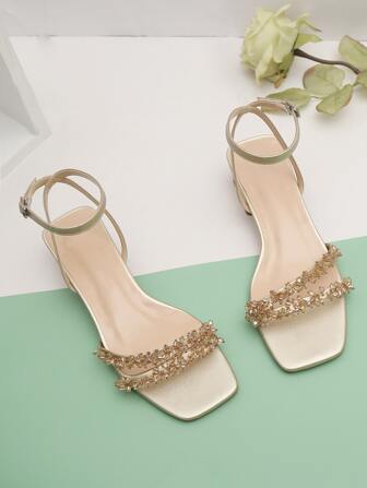 派對金色素色女士珠子裝飾粗跟踝帶平底涼鞋,時尚夏天高跟涼鞋