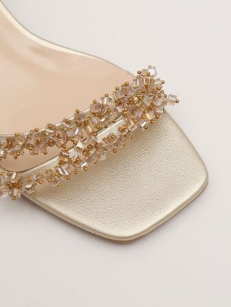 Party Golden Solid Women Bead Decor Chunky Heeled Ankle Strap Sandals, Fashion Summer Heeled Sandals