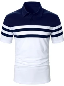 Manfinity Homme Men Two Tone Striped Half Button Polo Shirt - Blue and White - View 3