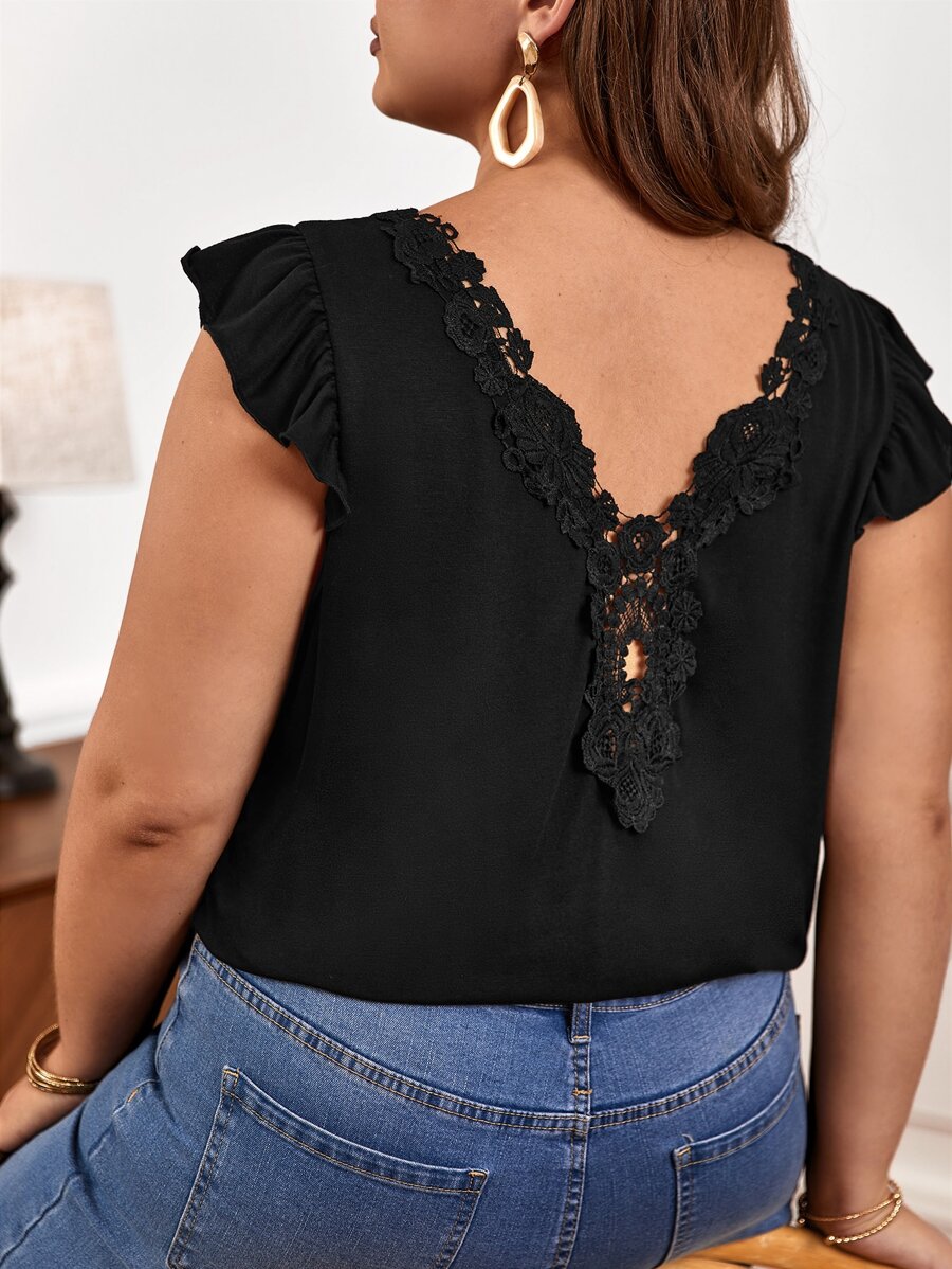 SHEIN Frenchy Áo thun Plus size Tương phản ren Xù màu trơn Giải trí - màu đen - Xem 1